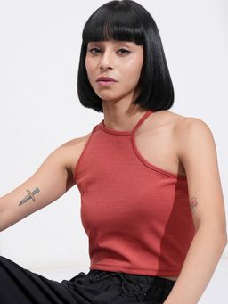 TOKYO TALKIES - Rust Asymmetrical Shoulder Crop Top