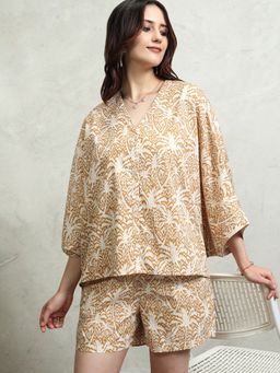 TOKYO TALKIES - Brown Tropical Printed Relaxed Fit Top