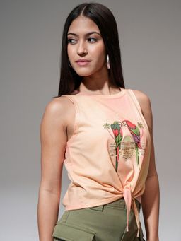 TOKYO TALKIES - Orange Printed Front Tie-Up Sleeveless Crop Top