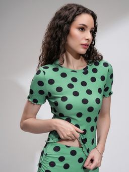 TOKYO TALKIES - Green Polka Dot Printed Ribbed Top