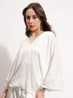 TOKYO TALKIES - White Studded V Neck Dolon Sleeve Top