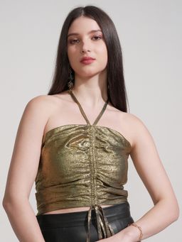 TOKYO TALKIES - Gold Shimmer Halter Neck Ruched Crop Top
