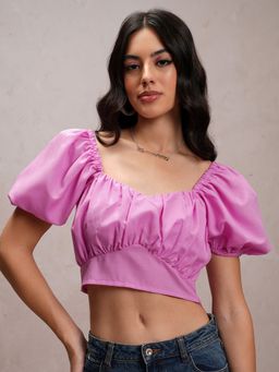 TOKYO TALKIES - Pink Solid Blouson Crop Top