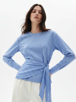 Outzidr - Blue Asymmetric Side Tie Up Detail Blouson Top