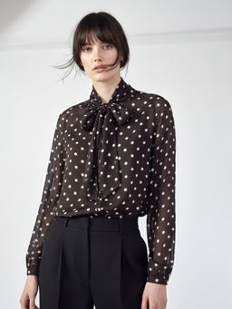 Outzidr - Brown Polka Dotted Neck Tie Up Top