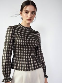 Outzidr - Black Smocked Bodice Checkered Top