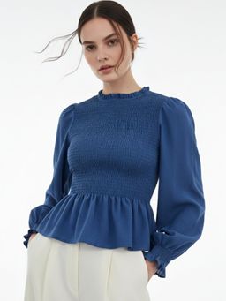 Outzidr - Blue Smocked Bodice Solid Top