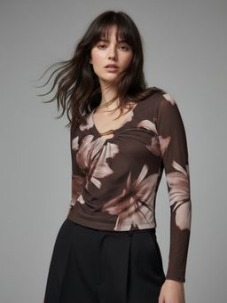 Outzidr - Brown Printed with Metal Trims Mesh Top