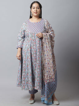 Rajnandini - Womens Pure Cambric Cotton Printed Plus Size Kurta with Dupatta Blue (Set of 3)