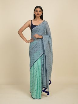Suta - Sea Green and Blue Polka Doted Cotton Saree