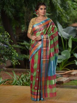 Beatitude - Multicolor Handwoven Maheshwari Designer Checks Saree with Unstitched