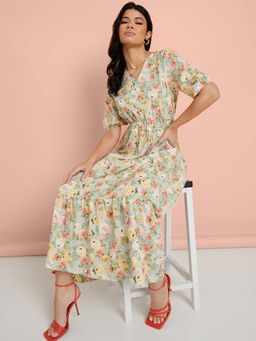 Styli - Multi-color Cuffed Sleeves Floral Print V Neck Tiered Maxi Dress