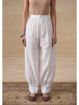 House of Chikankari - White Cotton Chikankari Solid Afghani Pants