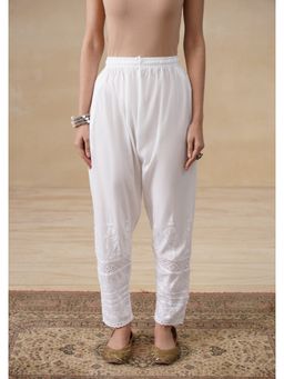 House of Chikankari - White Cotton Chikankari Solid Pant