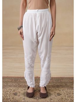 House of Chikankari - White Cotton Chikankari Solid Tulip Pants