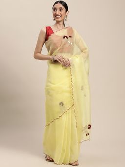 Vastranand - Yellow Colour Organza Party Wear Saree With Resham Butta Work with Unstitched Blouse