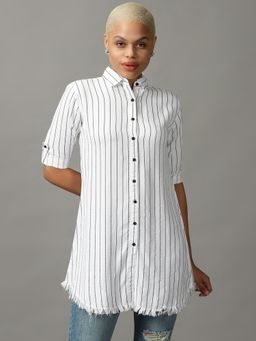 SHOWOFFFF - Womens Spread Collar Striped White Shirt