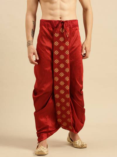 Mens Traditional Red Coloured Embroidered Art Silk Dhoti