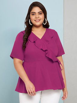 Martini - Pink Curve Plus Size Ruffle Wrap Peplum Top