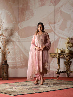 Farha Syed - Shades Of Rose Pink Inner with Kurta and Dhoti, and Dupatta (Set of 4)