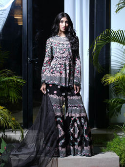 Farha Syed - Black Peplum Top with Sharara and Dupatta (Set of 3)