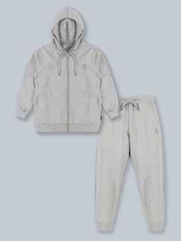 KiddoPanti - Fleece Solid Zip Front Open Hooded Sweatshirt Trackpants (Set of 2)