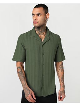 Bewakoof - Mens Olive Green Textured Oversized Shirt