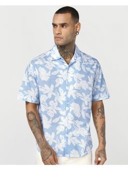 Bewakoof - Mens Light Blue and White All Over Floral Printed Oversized Shirt