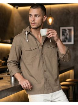 Bewakoof - Mens Light Brown Oversized Cotton Linen Detachable Hooded Shirt