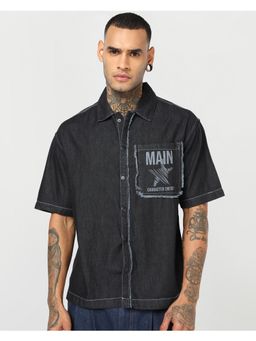 Bewakoof - Mens Jet Black Applique Washed Oversized Denim Shirt