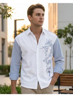 Bewakoof - Mens Bright White and Blue Striped Applique Oversized Shirt