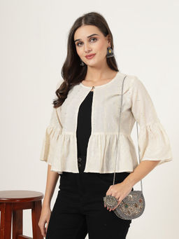 Style Quotient - Women Embellished Texture Ivory Open Front Waist Length Shrug