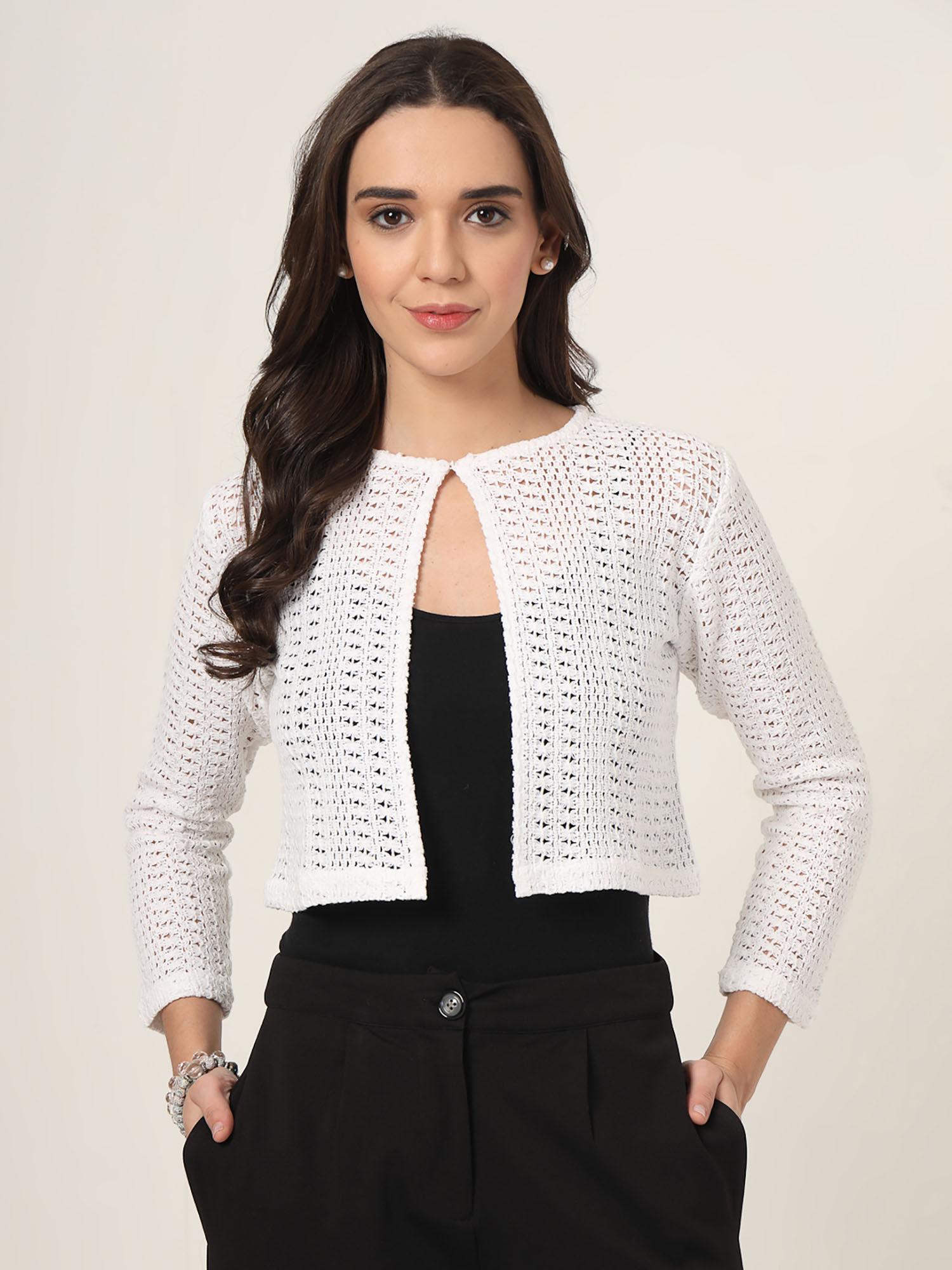 style quotient Women White Self Design Lace Shrug-picture-29