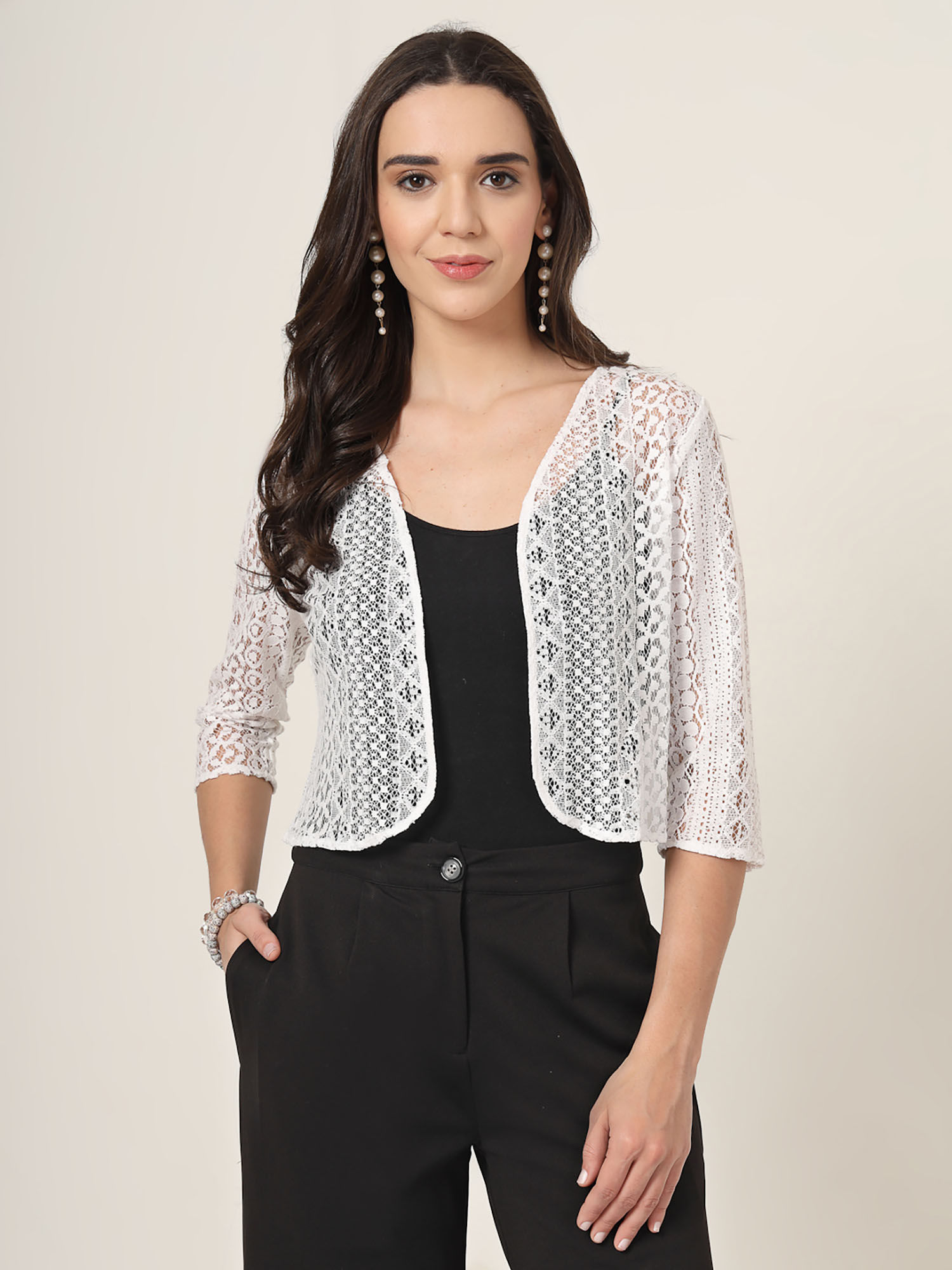 style quotient Women White Self Design Lace Shrug-picture-12