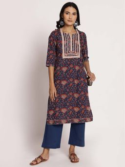 Shree - Women Cotton Blue Floral Printed Kurta With Comfort Pant (Set Of 2)