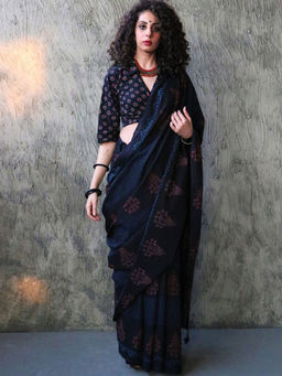 Chidiyaa - Kohl Zara Handblockprinted Cotton Saree
