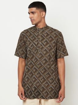 Fabindia - Cotton Brown Printed Men Short Kurta
