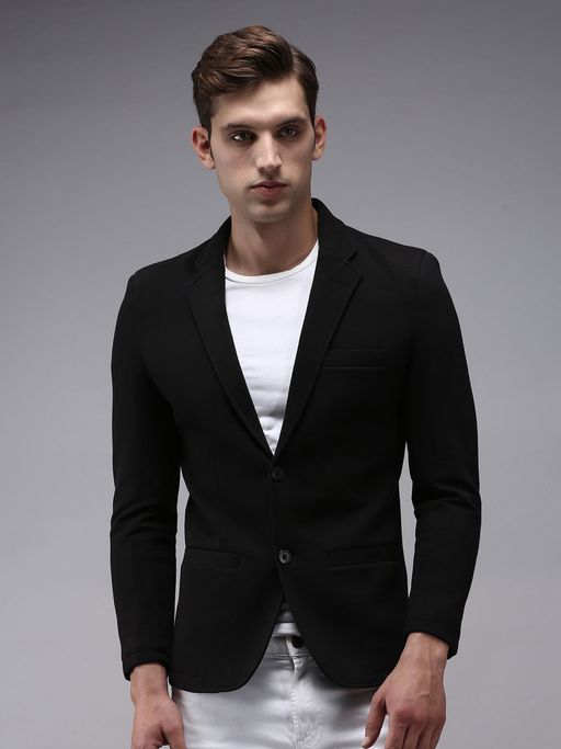 SHOWOFFFF Men Notched Lapel Black Solid Blazer