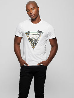 Guess - Men White Printed Round Neck Short Sleeves T-Shirt