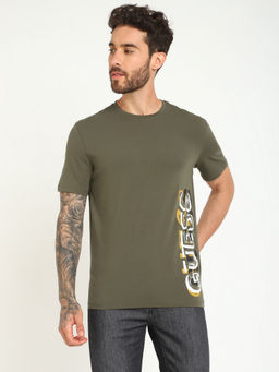 Guess - Men Olive Printed Round Neck Short Sleeves T-Shirt