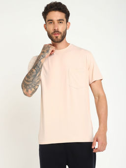 Guess - Men Peach Solid Round Neck Short Sleeves T-Shirt