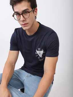 Guess - Men Navy Blue Printed Round Neck Short Sleeves T-Shirt