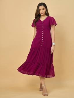 AZIRA - Women Pink Dobby Georgette V-Neck Tiered Dress