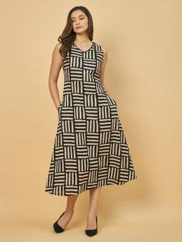 AZIRA - Women Black and Cream Geometric Print Cotton Dress