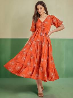AZIRA - Women Orange Floral Line Art Print Cotton Dress