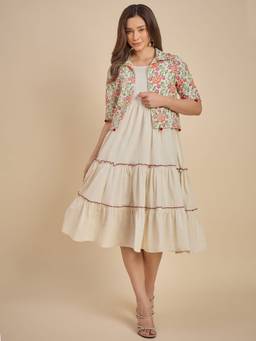 AZIRA - Women Off-White Tiered Cotton Dress with Jacket