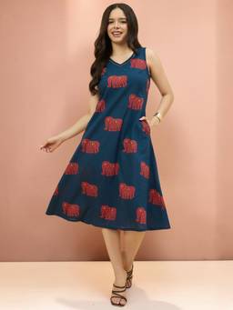 AZIRA - Women Teal Elephant Print Cotton A-Line Dress