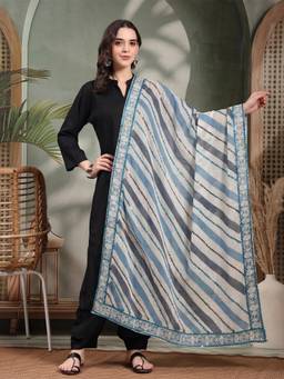 Clora Creation - Navy Blue and Turquoise Handcrafted Cotton Dupatta