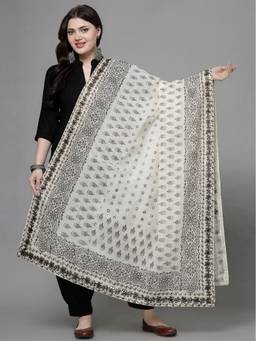 Clora Creation - White Cotton Block Print Embroidered Dupatta
