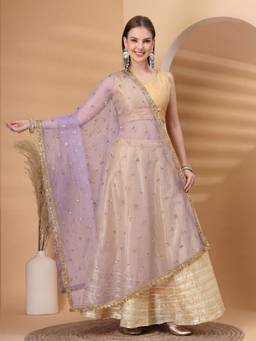 Clora Creation - Lavender Embellished Gotta Patti Net Dupatta